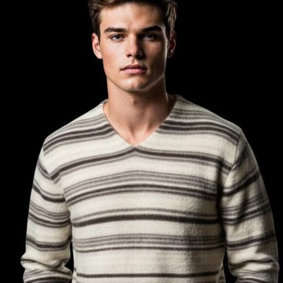 Vintage Joseph Abboud Mens Large Lambswool Striped V Neck Sweater Gray White - Picture 1 of 9
